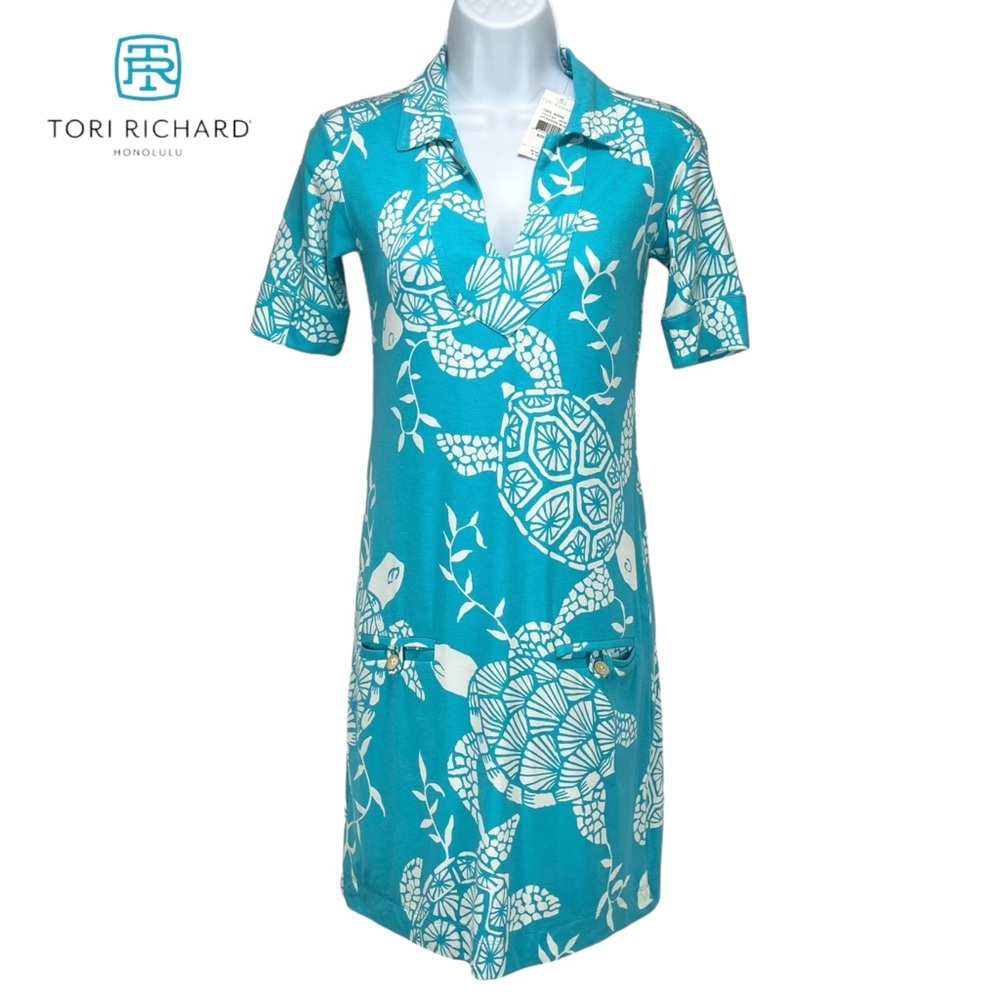 Tori Richard XXS Pacific Blue Turtle Bay Jaxon Collar Dress NWT Made in Hawaii‎